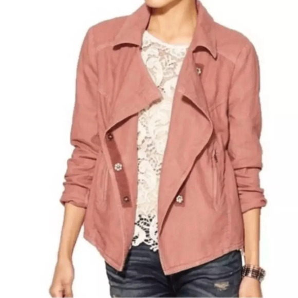 Free People sz S Rosewood Moto Jacket Women's Pink Long Sleeve Linen blend EUC - Picture 1 of 11
